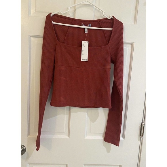 Urban Outfitters Ribbed Stretch Knit Top Square Neck Red Rust Size Large NWT - Picture 7 of 11